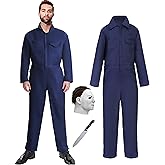 qqpouc Halloween Navy Blue Coveralls Jumpsuit,Horror Killer Navy Cosplay Costume for Men, Includes Mask and Toy Knife