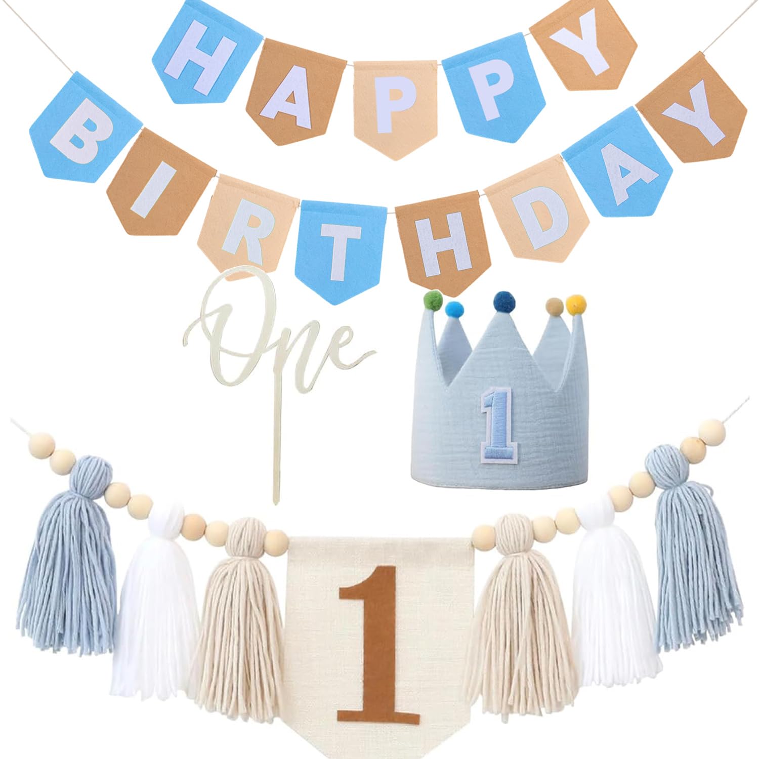 1st Birthday Decorations for Boy - Felt Happy Birthday Banner First Birthday High Chair Banner, Crown Hat, Cake Topper, Pre-Strung Highchair Birthday Banner Birthday Party Supplies (KCBlue One) — image 1