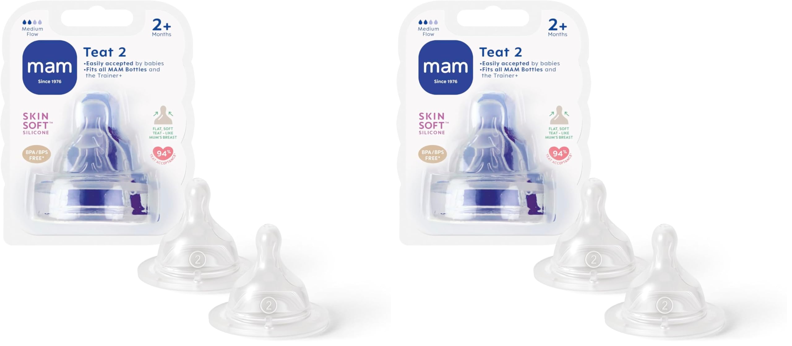 MAM Teats Size 2, Suitable for 2+ Months, MAM Medium Flow Teats with SkinSoft Silicone, Fits All MAM Baby Bottles, Baby Feeding Essentials, Pack of 4, Transparent/Green