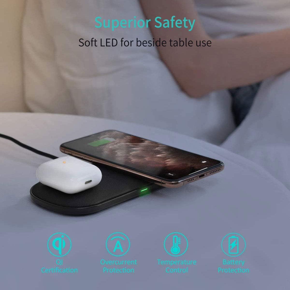 CHOETECH Dual Wireless Charger, 5 Coils Qi Certified Fast Wireless Charging Pad Compatible with iPhone 12/12 Pro/12 Pro Max/12 Mini/SE /11/11 Pro Max/XS, Galaxy S20/Note 10, AirPods Pro (With Adapter)