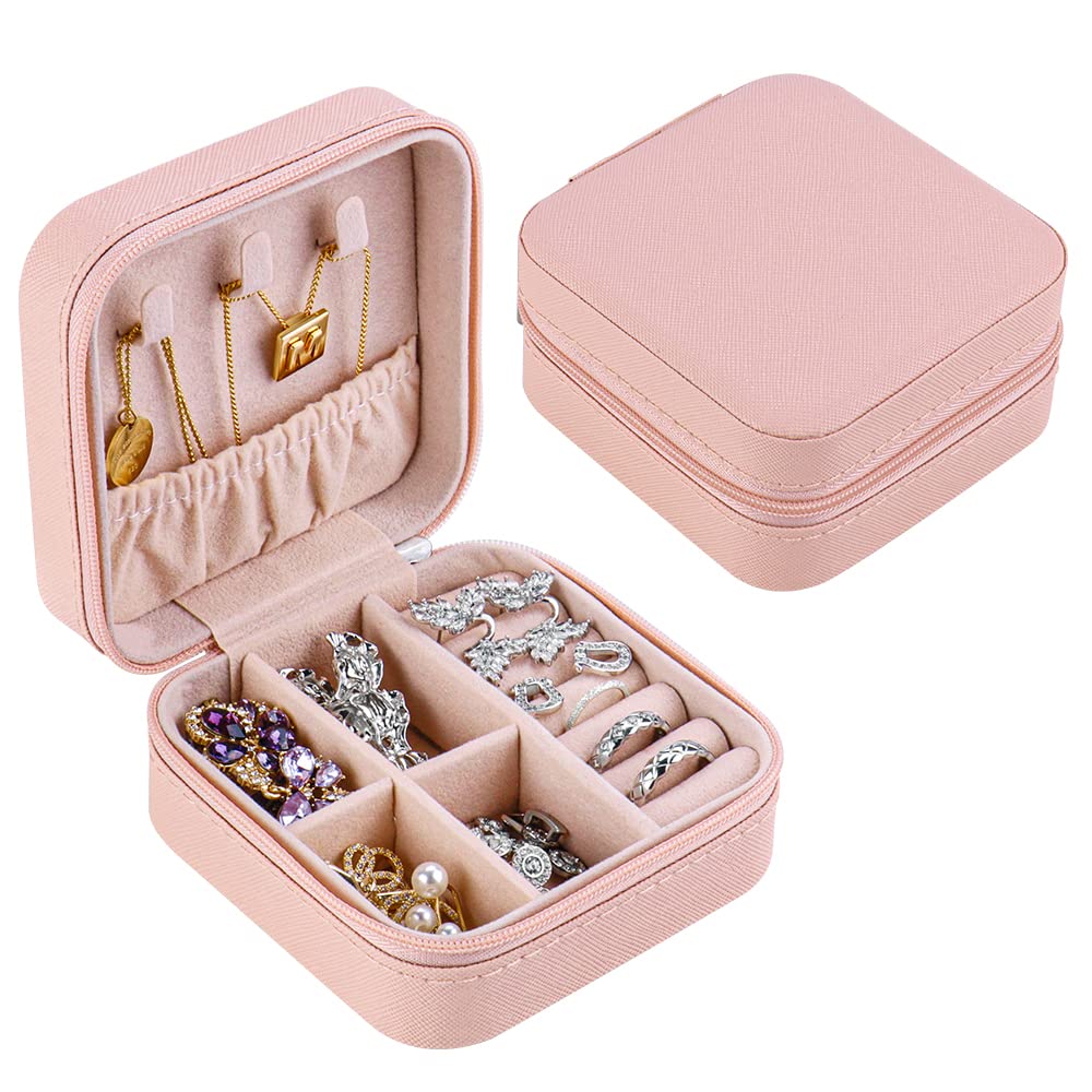 hoinya Jewellery Box, Travel Jewellery Box Organiser Small PU Leather Jewelry Storage Case for Women and Girls' Rings Earrings Necklace Bracelets, Pink