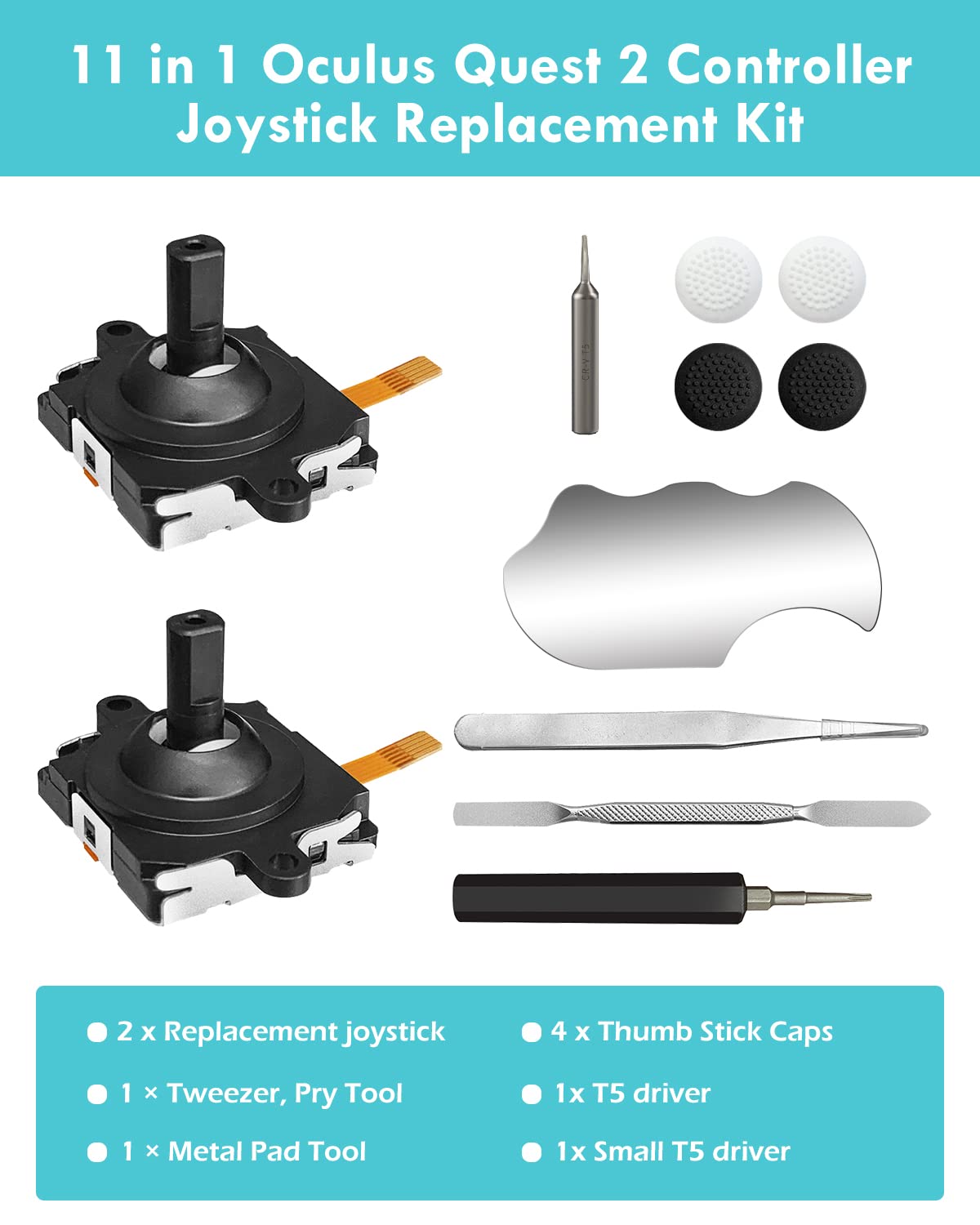 Joystick Replacement Kit for Oculus Quest 2/3 Controller, OLCLSS Repair Accessories for Meta Quest 2/3 Controller, Include 2 Joysticks, T5 Screwdriver, Tweezer, Pry Tool, 4 Thumbstick Grips