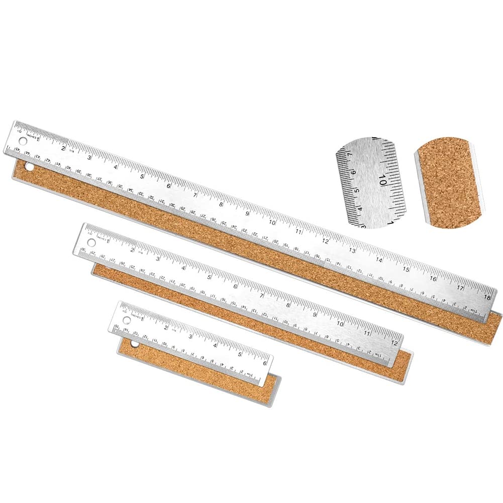 Povxlum 3 Pieces Stainless Steel Ruler with Cork Backing Non Slip Straight Edge Metal Ruler for School Work