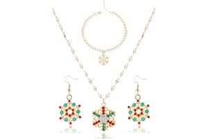 JEAIRTS Snowflake Christmas Pendant Necklace Set Gold Santa Claus Necklaces with Dangle Earrings Reindeer Bracelet Xmas Tree Holiday Jewelry Gifts for Women