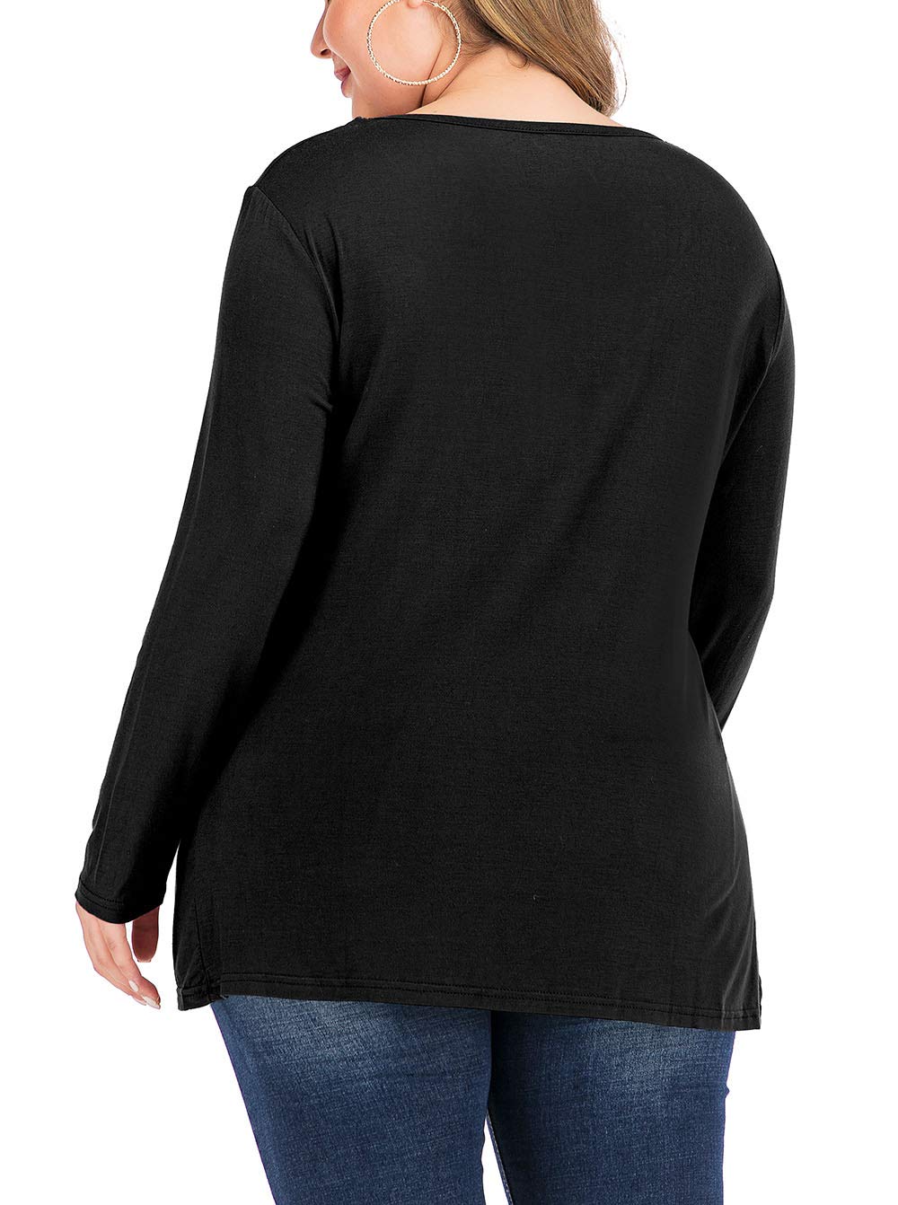 YASAKO Womens Pleated Tops Plus Size V-Neck Lace Blouse Swing T-Shirts Flowy Long Sleeve Casual Tunic,Black,2XL