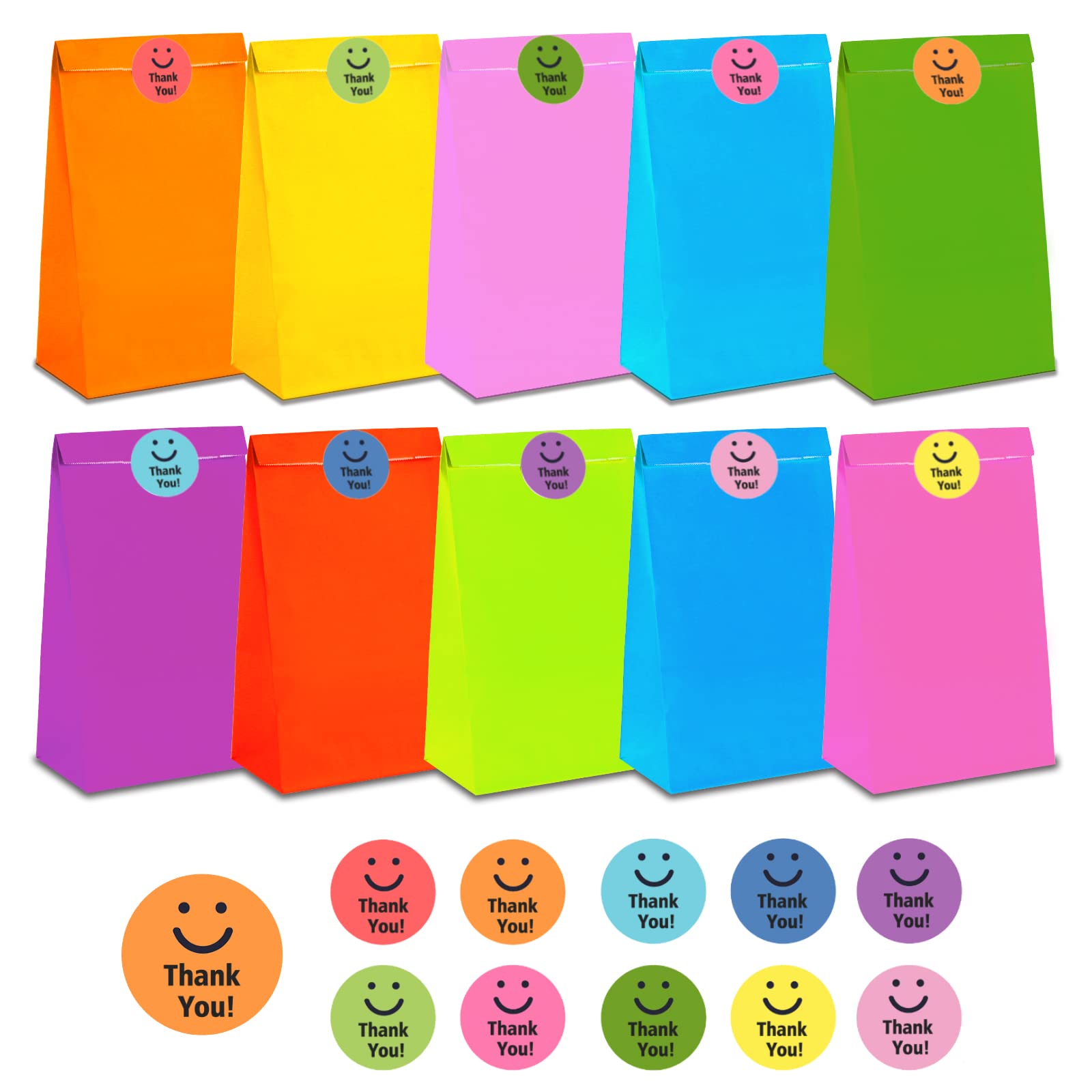 CASPLUS 50 Paper Party Bags, Flat Bottom Kraft Bag Candy Paper Bag, with 50 Pieces Stickers for Class, Party Favors and Birthday.