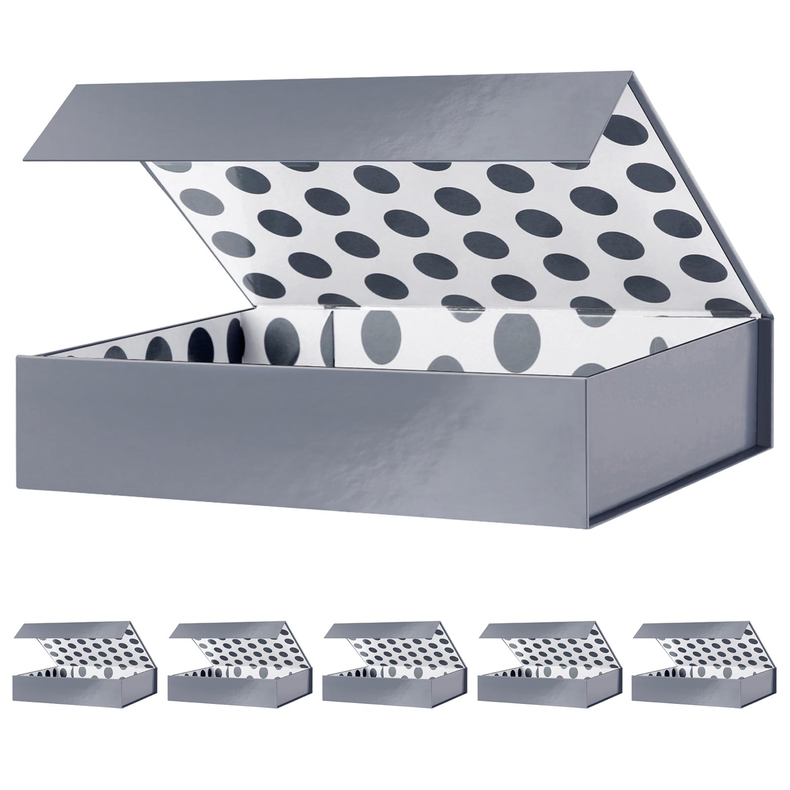 Photo 1 of GREEN BEAN 6 Gift Boxes 11x7.8x2.3 Inches, Grey Gift Boxes with Lids for Presents, Magnetic Shirt Gifts Boxes for Clothes (Glossy Metallic Grey, Polka Dot Design Inside)