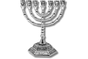 3 Arches USA 7 Branch Temple Menorah Silver Plated Home Decor 5"- 12 Tribes of Israel Hexagonal Base Candle Holder, Stunning Workmanship in Metal Alloy. (Silver, 5")