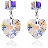 Cube Austrian Crystal Heart Drop Dangle Earrings for Women Sterling Silver Stud Earrings Hypoallergenic