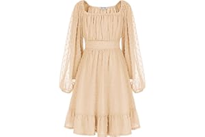 GRACE KARIN Girls Ruffle Tiered Dress Long Sleeve Swiss Dot Flowy A-Line Dress 6-14Y