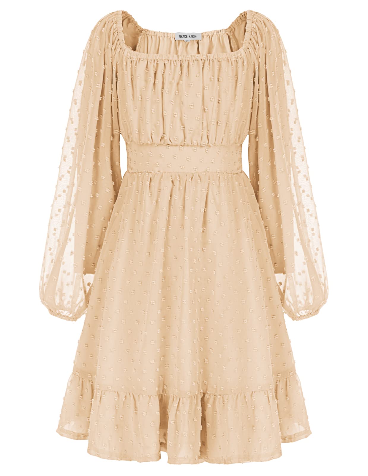 Photo 1 of GRACE KARIN Girls Dress Ruffle Off The Shoulder Casual A-Line Swiss Dot Fall Dress tan 14Y