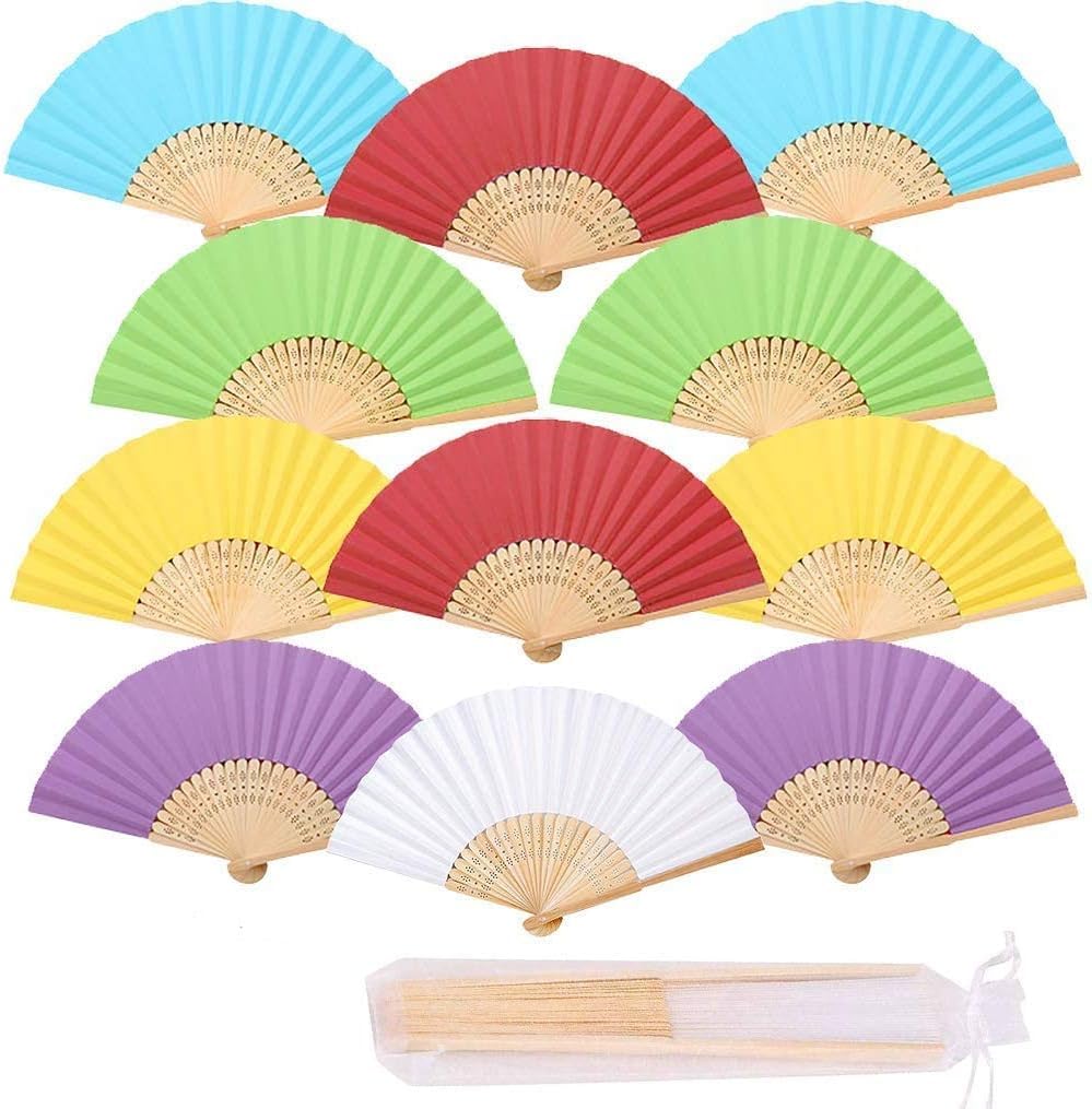 iZoeL 12 Wedding Fan + Organza Bags, Folding Hand Held fan Bamboo paper for Church Wedding Gift, Wall Decoration, Party Favor, DIY Wall, Vintage Fan (multicoloured)