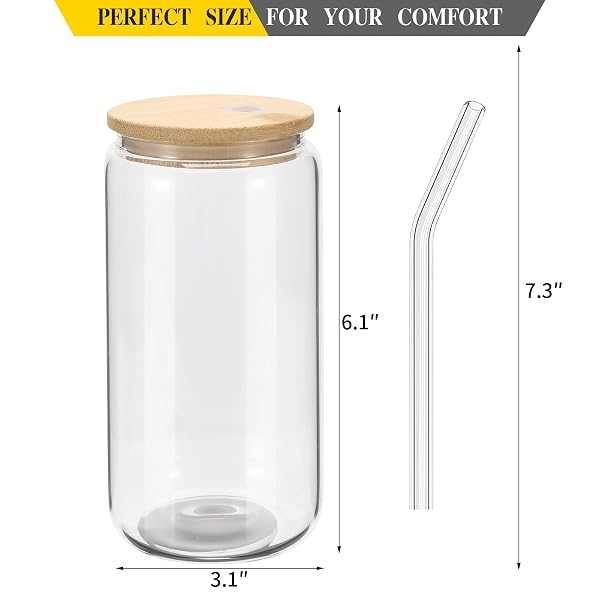 YOUKE OLA 20 PACK GLASS CUPS WITH BAMBOO LIDS AND GLASS STRAW 16OZ BEER CAN SHAPED DRINKING GLASSES CUPS, GLASS TUMBLER REUSABLE CUTE CUPS FOR WHISKEY, ICED COFFEE, TEA, SODA, COCKTAIL, GIFT, CLEAR