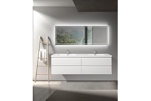 TONA 72" Floating Bathroom Vanity with Sink Combo Modern Design with Invisible Handle, Wall Mounted Bathroom Storage with 2 Resin Top Basin and 4 Soft Close Drawers - High Glossy White