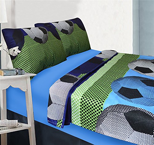 Fancy linen 4pc soccer blue green white black full shee…