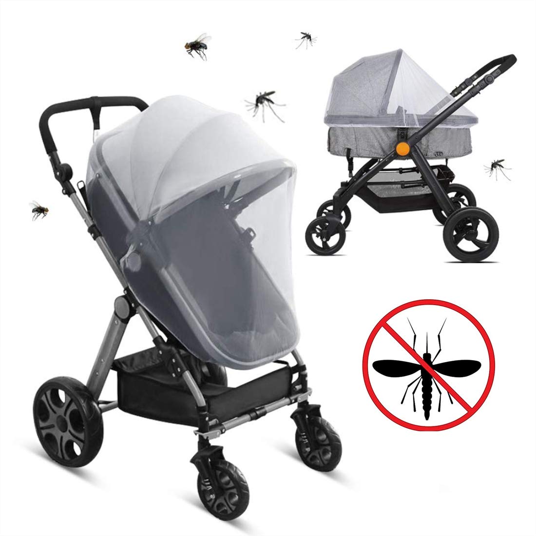 Universal Insektenschutz Moskitonetz für Kinderwagen Schutz, Feinmaschig Mückennetz für Kinderwagen, Buggys und Reisebetten, Moskitonetz mit Gummizug, weiß
