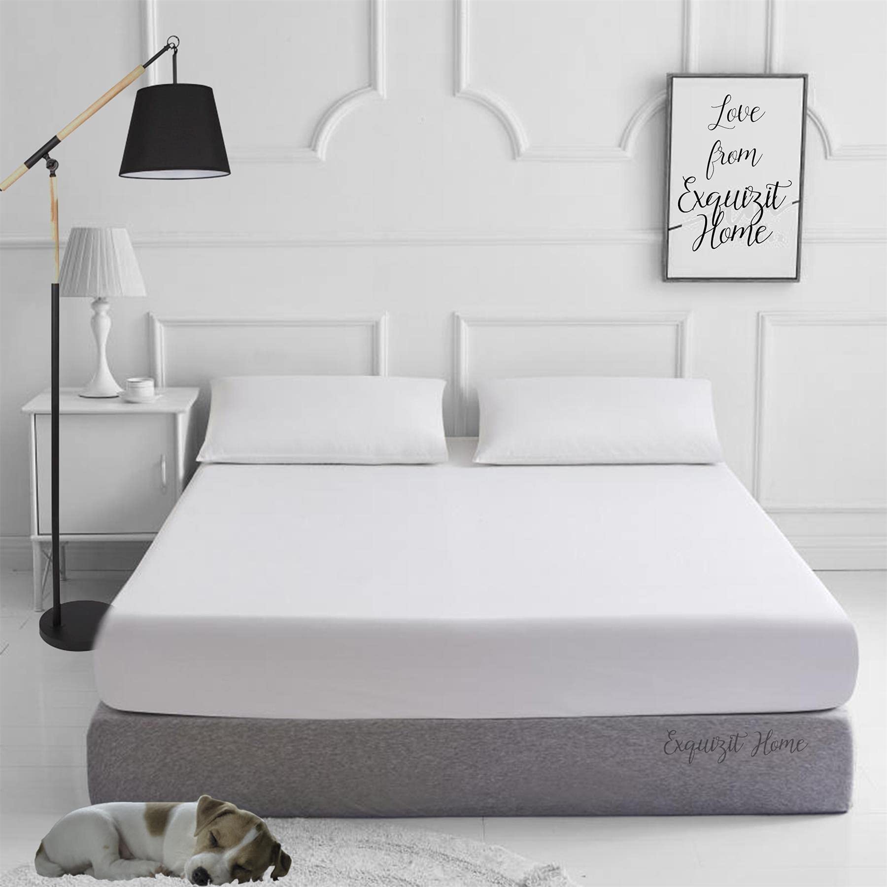 EXQUIZIT HOME Fitted Bed Sheet with Pillowcases Pack of 2 – Plain Dyed Poly Cotton Percale Easy Care 180TC, Soft & Durable 50% Cotton 50% Polyester, White, King