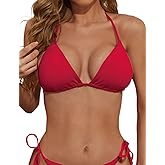 Zuvebamyo Women's Triangle Bikini Top Ribbed Push up Padded Halter String Bathing Suits Top