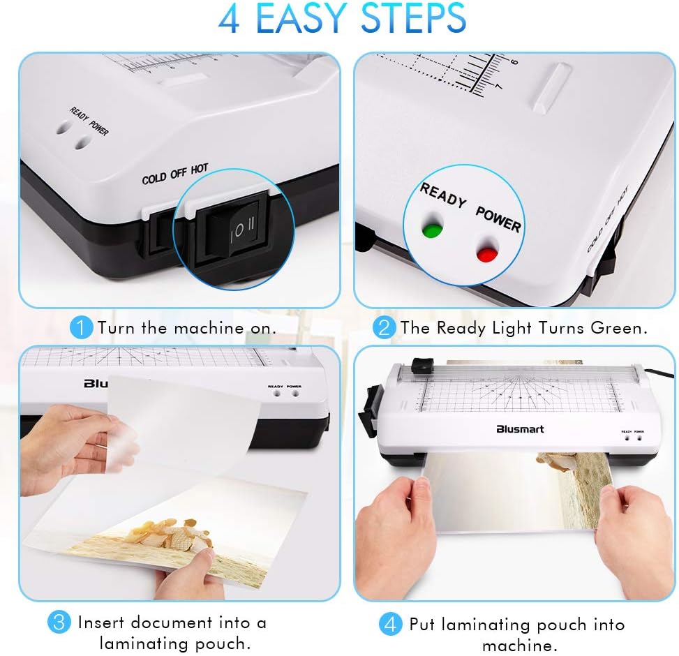 4 in 1 Blusmart OL288 Laminator, A4, Rotary Trimmer/Corner Rounder/10 Laminating Pouches, White : Office Products