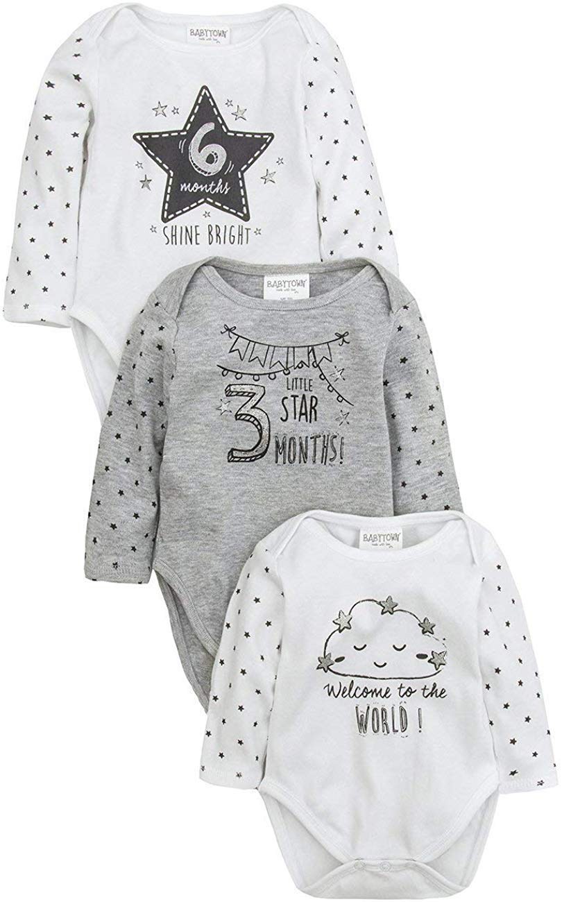 BabyTown Baby Gift Pack of 3 Milestone Long Sleeve Bodysuit Vests Newborn, One Size (0-6 Months), Map(language_tag -> En_gb)
