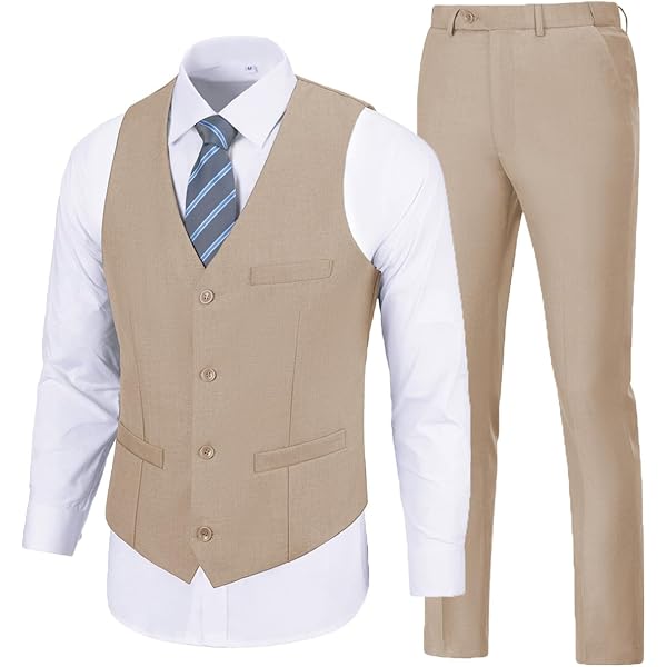 S-Show Men 2 Piece Beige Suit,Mens Vest and Pants Set,V Neck Slim