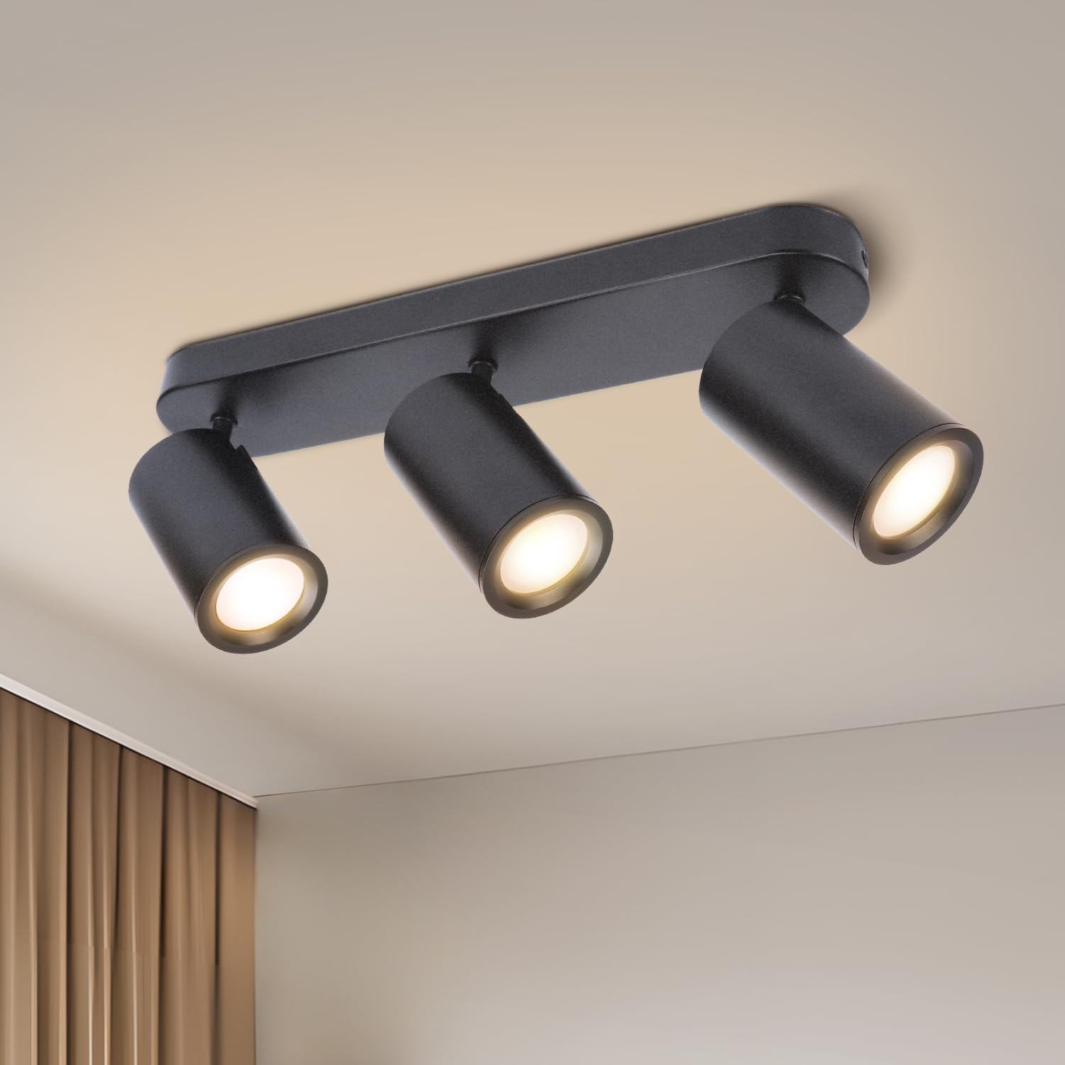 Aigostar Kitchen Lights Ceiling, 3 Way Spotlight Ceiling Lights, GU10 Industrial Ceiling Light Fitting, Black Spot Light Bar, Spot Light Bar Indoor Adjustable Light Ceiling Spot Lamp(No Bulbs)