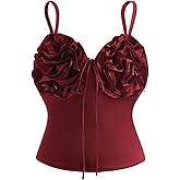 winkbay Women's Satin 3D Floral Top Summer Tie Front Deep V Neck Spaghetti Strap Camisole Going Out Tops