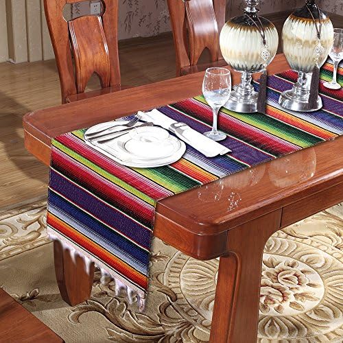 KSPOWWIN Mexican Serape Table Runner 14 x 84 inch for Mexican Party Wedding Decorations, Fringe Cotton Blanket Table Runner (Purple)