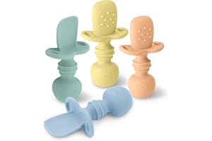 LITTLE WHISPERS LittleWhispers Baby Silicone Spoons - Self Feeding 6 Months - Infant, Toddler, & Kid Friendly Utensils - First Stage, Baby Led Weaning - 4 Pack Utensil Set (Pastel)