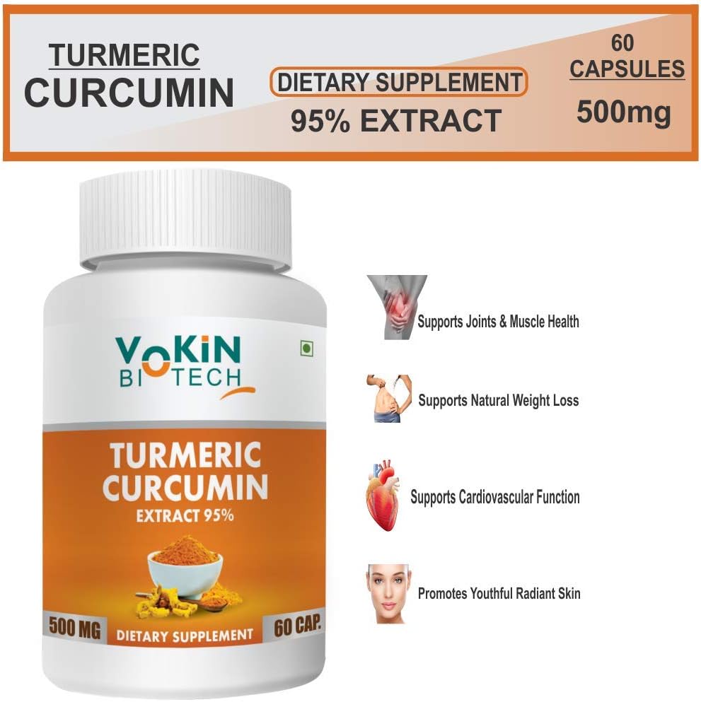Vokin Biotech 100% Natural Turmeric Curcumin Extract 95%(Curcuminoids) With Piperine 60 Capsules 500Mg