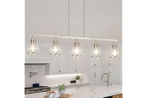 ZOAKLIGHEN Island Light for Kitchen, 5-Light Brushed Nickel Kitchen Island Linear Hanging Pendant Chandeliers, Brushed Nickel Dining Room Light Fixture Over Table with Clear Round Glass Shades