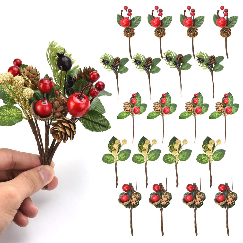 BUZIFU Artificial Christmas Picks 20 Pcs Christmas Holly Berry Branches Artificial Pine Cones Berry Stems Decor Bouquets Christmàs Foliage for Xmas Wreath Decorations DIY Xmas Crafts (5 Styles) — image 1