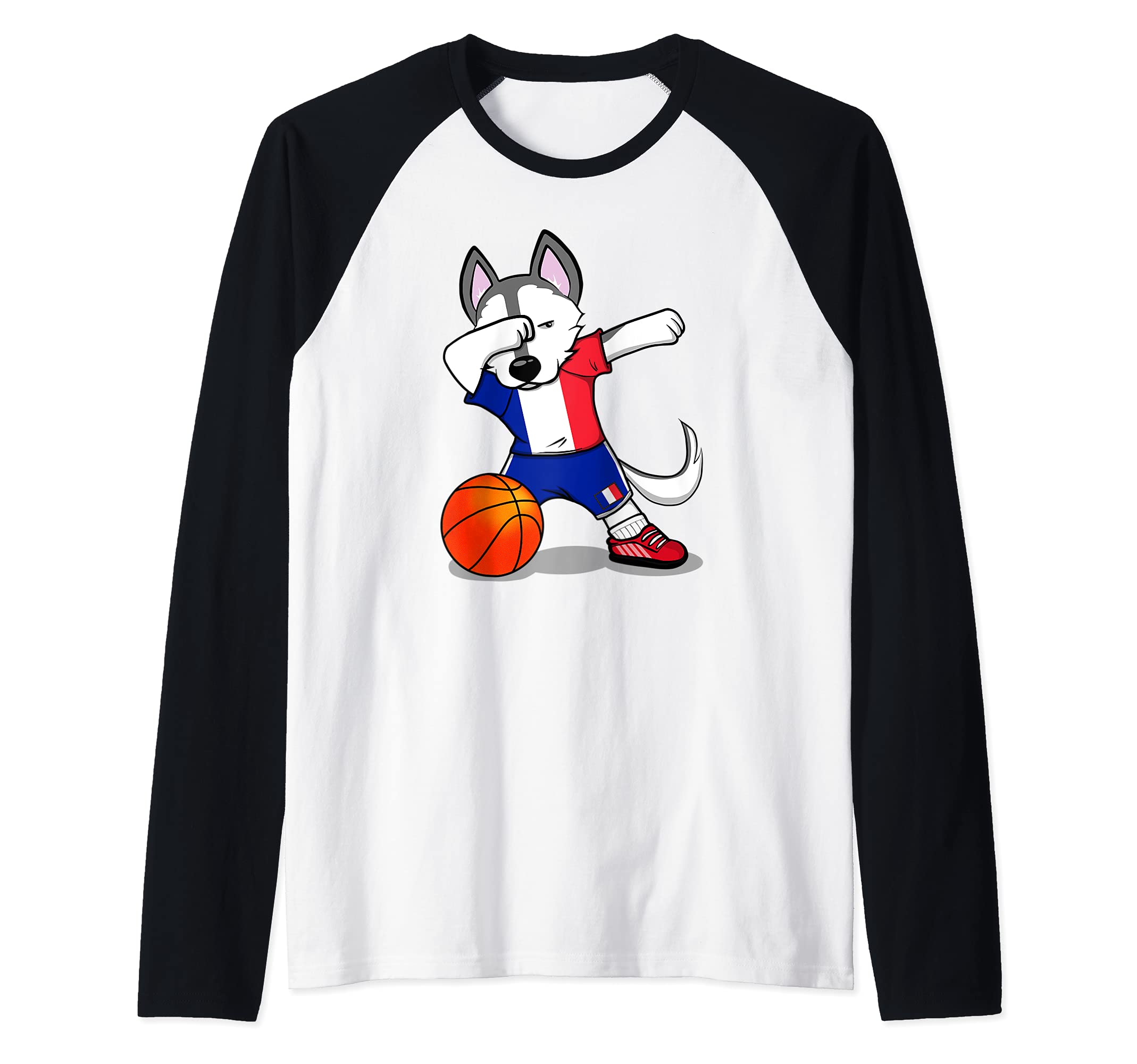 Dabbing Husky France Basketball Fans Jersey - French Flag Raglan Baseball Tee
