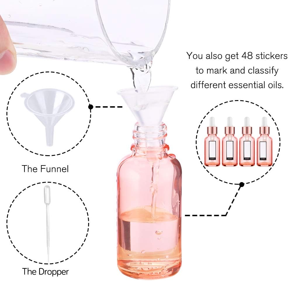 PrettyCare Eye Dropper Bottle 1 oz (24 Pack Rose Glass Bottles 30ml with Measured Pipettes, Golden Caps & 48 Labels, Funnel ) Empty Tincture Bottles for Essential Oils, Perfume: Home Improvement