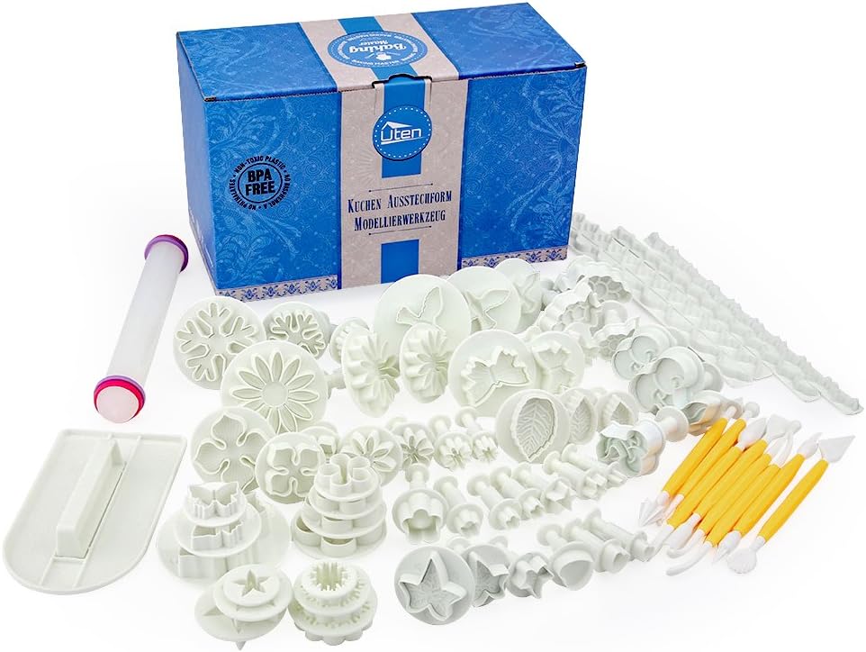 68pcs Fondant Cake Decorating Tools Plunger Cutters Set DIY Home Kitchen Plastic Baking Making Icing Rose Flower Paste Leaf Moulds Gift Present Kit