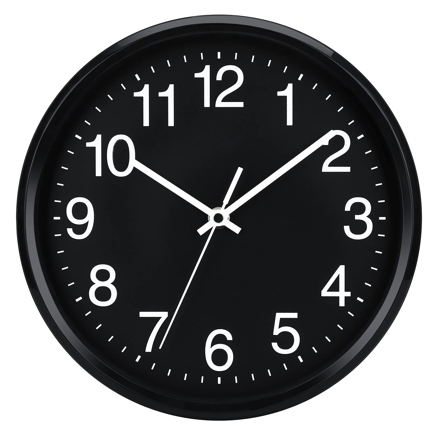Plumeet Wall Clock, 10" Non Ticking Silent Quartz Black Wall Clocks, Battery Operated, Decorative Home Office School Clock (Black)