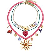 Bohemian Beaded Necklace for Women, Sun Sea Star Crab Shell Heart Pendant Necklace, Multichain Sea Life Jewelry Beach Gift for Party Summer Daily Wear