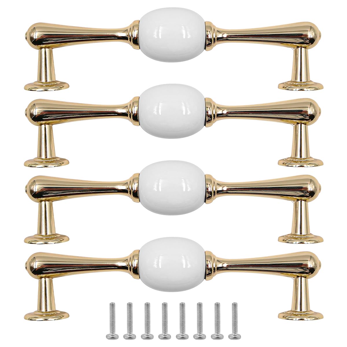 ZONADAH Set of 4 Cabinet Ceramics & Gold Plated Handles, Hole Distance 128mm, White Ceramics Cabinet Pull Handles, Furniture Drawer Cabinet Copper Cup Drawer Handles for Cupboard Wardrobe Dressers