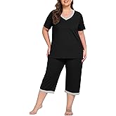 OLRIK Women's Capri Pajama Sets Plus Size Cute Floral Pjs Short Sleeve Tops and Pants Lounge Sets with Pockets (1X-5X)
