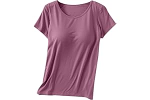 QEAGHOU Trendy Tops for Women 2024 Modal Built-in Bra Padded Bras T Shirts Short Sleeve Solid Basic Comfy Yoga Athletic Tees