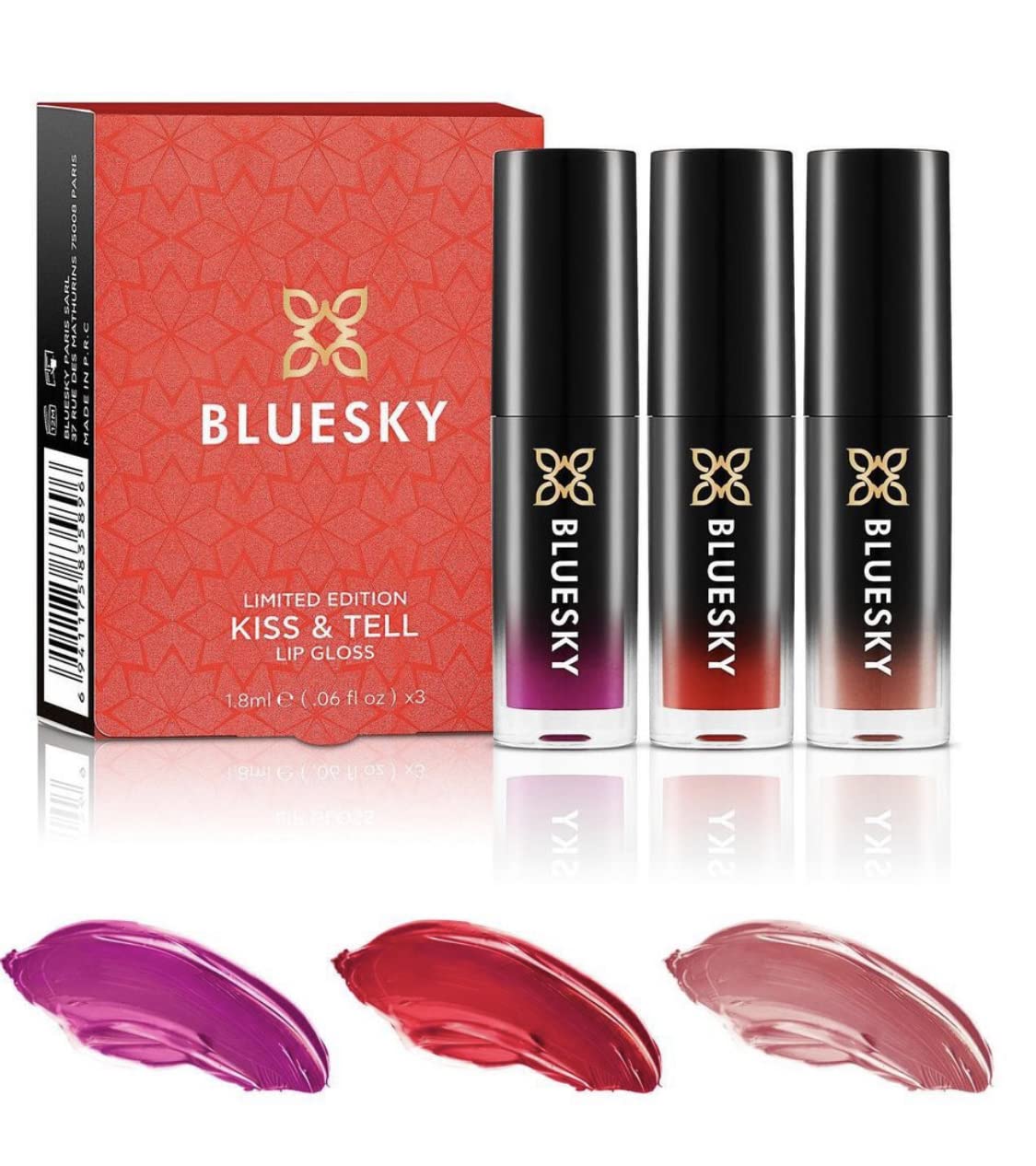 Bluesky Makeup Lip Gloss Set, Valentines Gift set - Kiss And Tell, Long Lasting, Red, Pink, Nude. Valentines gifts for her