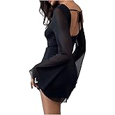 GORGLITTER Women's Cheetah Leopard Animal Print Dress Y2k Backless Mesh Long Sleeve Bodycon Mini Dresses