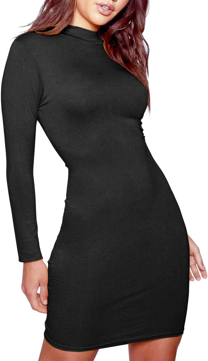 MISFONDLE Women's Casual Bodycon Long Sleeve Turtleneck Mini Club Dress Black