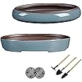 HUOMUSIR (10 Inch 2 Piece Set Water Glaze Blue Succulent Platter Bonsai Tree Ceramic Flower Pot Handmade (Excluding Plants)