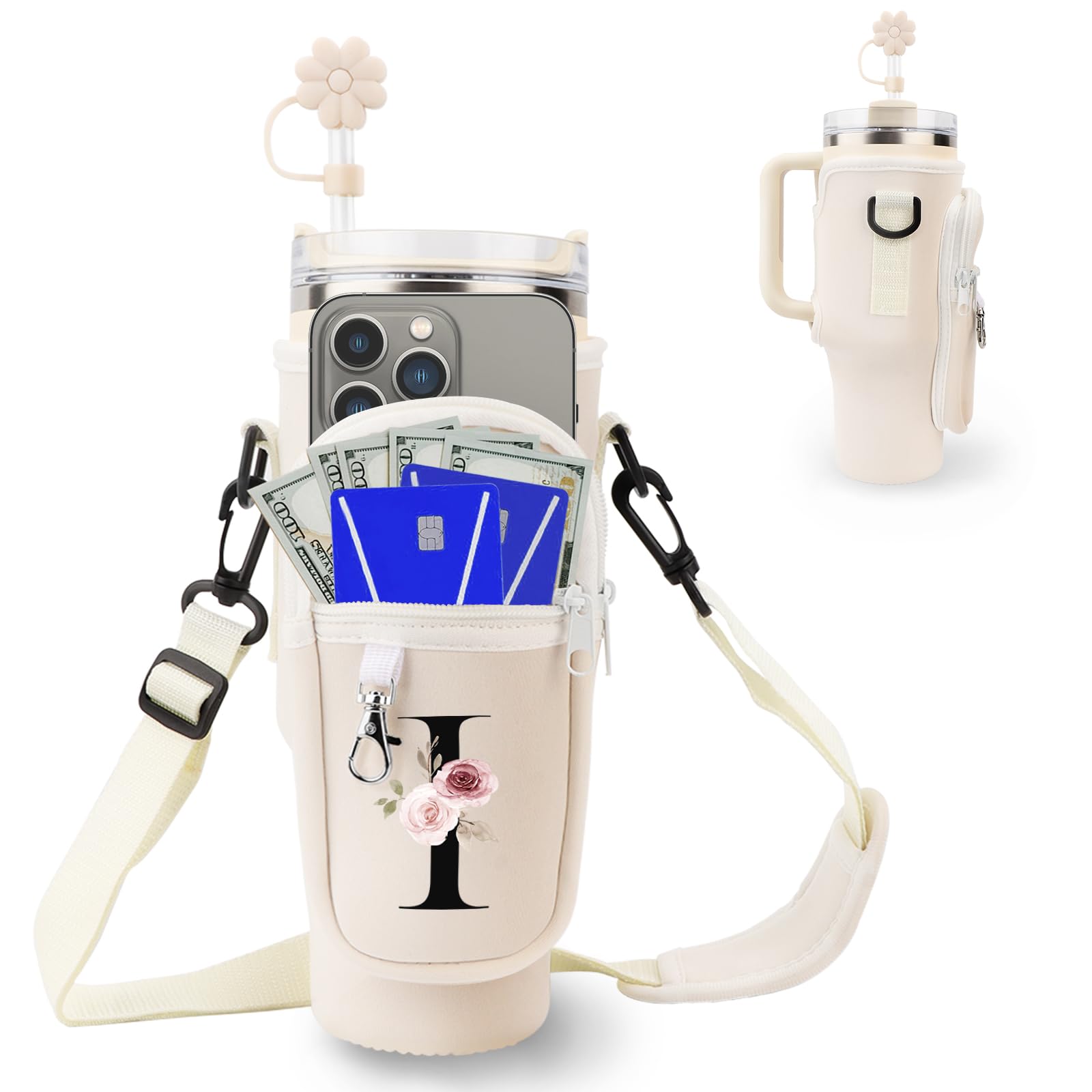 Initial Personalized Water Bottle Bag for Stanley 40oz Tumbler,with Phone Pocket,Neoprene Water Bottle Carrier with Adjustable Strap and Straw Cover & Carabiner,for Stanley Cup Accessories(I)