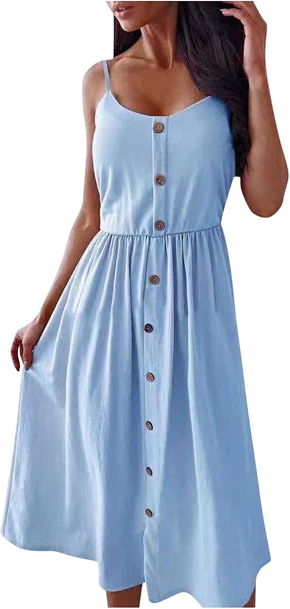 Leinenkleid Damen Sommer, V-Ausschnitt, Kurzarm, Knielang - Casual Blusenkleid In A-Linie Mit Knöpfen, Einfarbig