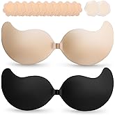 Cmojsk Strapless Sticky Push-Up Bra for Women,Adhesive Invisible Backless Nipple Covers,2 Pair Black/Beige
