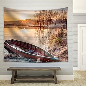 Calm Water of Lake, River and Rowing Fishing Boat at Beautiful Sunrise in Autumn Morning. - Fabric Wall Tapestry Home Decor - 51x60 inches