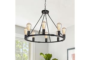 Rviezza 8 Lights 23.6'' Wagon Wheel Chandelier, Farmhouse Chandelier, Rustic Vintage Round Farmhouse Pendant Lighting, Black Metal Chandeliers for Dining Room Kitchen Living Room Foyer