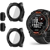 2 Pack for Garmin Instinct 3 45mm Smartwatch Screen Protector Case | riwoauoo Anti-Scratch Hard PC Protective Bumper Cover Built-in HD Tempered Glass Film Dust Plug Full Coverage Shockproof